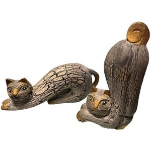 Wooden Cat Stretching Figure Folk Art Hand Carved Hand Painted 2Pcs RARE